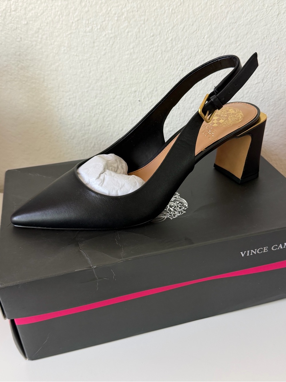 Vince Camuto Black Leather Pointed Slingback Pump with Block Heel